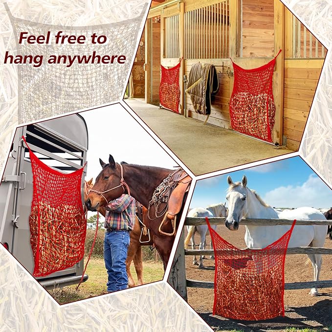 Fabbay 2 Pcs Slow Feed Hay Net Hay Feeder Bags for Horses Goat Stall Trailer Horse Feeding Supplies(35 x 31 Inch,Red)