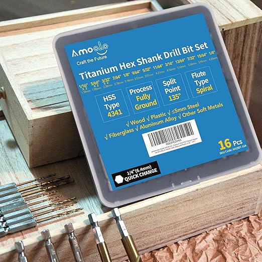 amoolo Hex Shank Drill Bit Set, 16pcs Titanium HSS Twist Impact Drill Bit Set for Metal, Steel, Wood, Plastic, Quick Change Design (1/16”-3/8”)