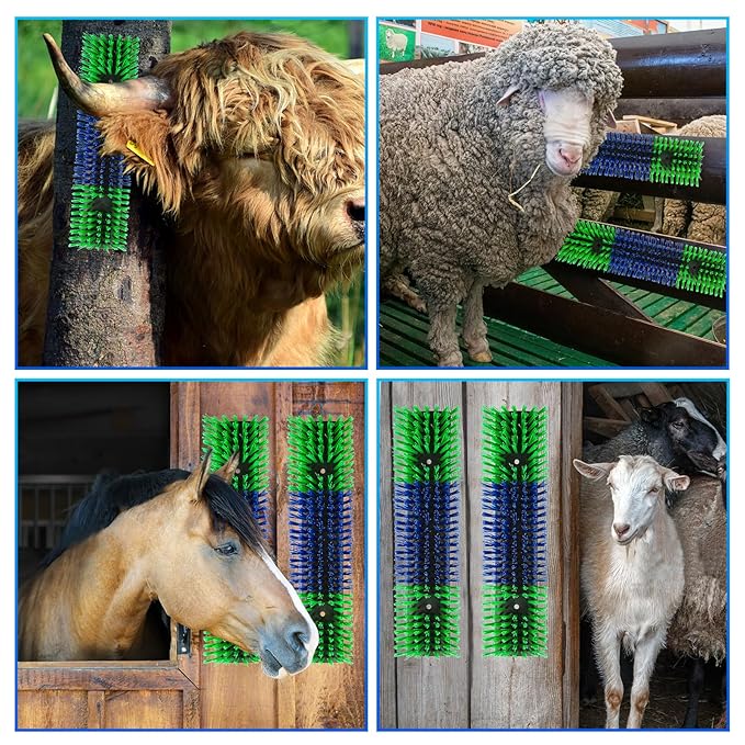 Livestock Scratch Brush for Cattle, Horses, Goats, Cow, Durable Scratching & Massage Grooming Tool for Healthy Coat, Relieves Itching, Easy Install on Fence Posts(4pcs, Green)