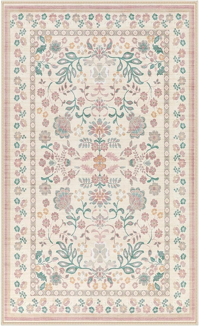 3x5 Area Rug Living Room Rugs - Washable Boho Vintage Floral Large Soft Non Slip Thin Rug Low Pile Carpet for Bedroom Dining Room Kids Playroom Office Decor Indoor- Pink