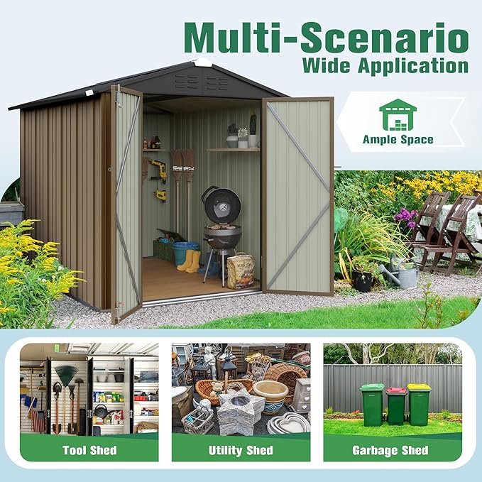 Flamaker 6x8 FT Storage Shed Waterproof Metal Garden Shed with Lockable Door Utility Tool Shed Outdoor Storage for Backyard, Patio and Lawn, Brown