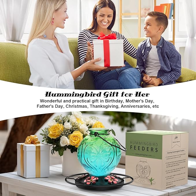 Glass Hummingbird Feeder for Outdoors Hanging, 25Oz Humming Bird Nectar Feeders with Perch & 5 Flower Feeding Ports, Leak Proof for Outside Garden Decor, Gifts for Women (Green & Blue)