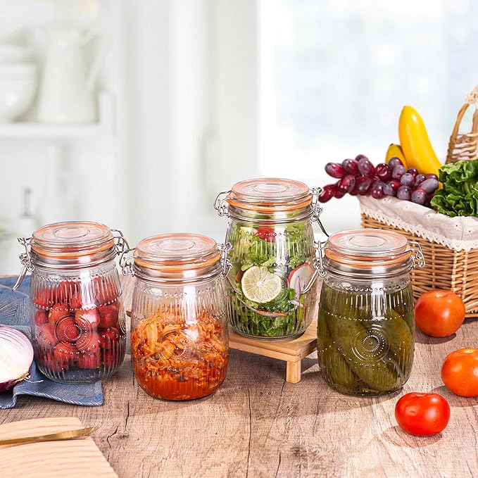 Amzcku Wide Mouth Vintage Mason Jars with Airtight Lid 32oz, Canister Quart Jars for Kitchen Storage - for Coffee, Sugar, Beans 6 Pack