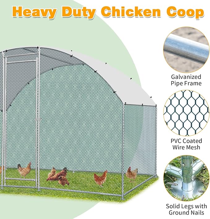 VINGLI Chicken Coop, Large Metal Poultry Cage for Chicken Run, Walk-in Chicken Pen with Waterproof & Anti-UV Cover Outdoor (Silver-Dome Roof, 6.5 * 9.8 * 6.5 ft)
