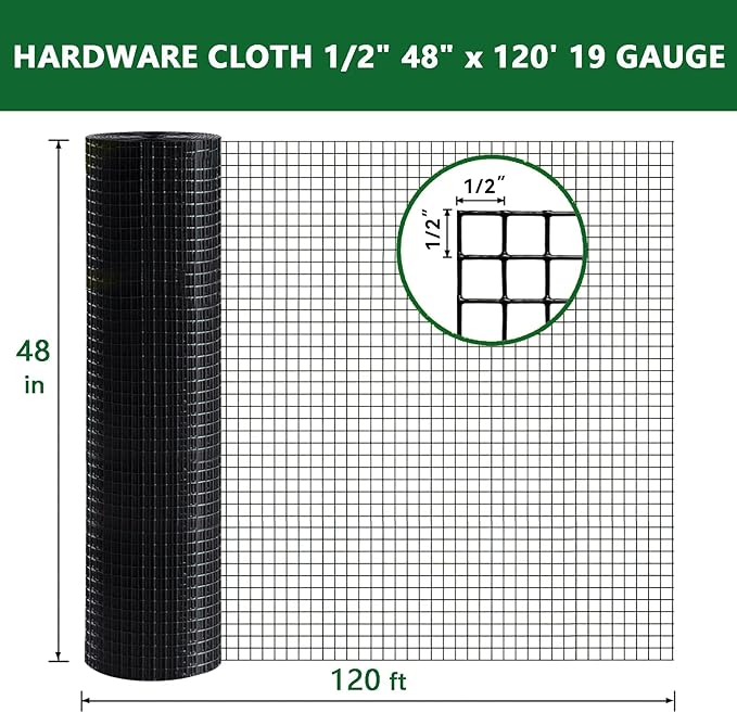Hardware Cloth, 48'' x 120' 1/2Inch Galvanized Wire Mesh Roll, 19 Gauge Chicken Wire Fencing Roll, Garden Fence, Welded Fence with Cutting Plier & Gloves