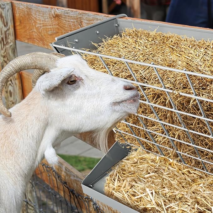 Wall Mount Hay Rack, Heavy-Duty Galvanized Metal 2 in 1 Hay and Grain Feeder, Livestock Feeder with Adjustable Distance, Hay Feeder for Goats, Sheep, Horse