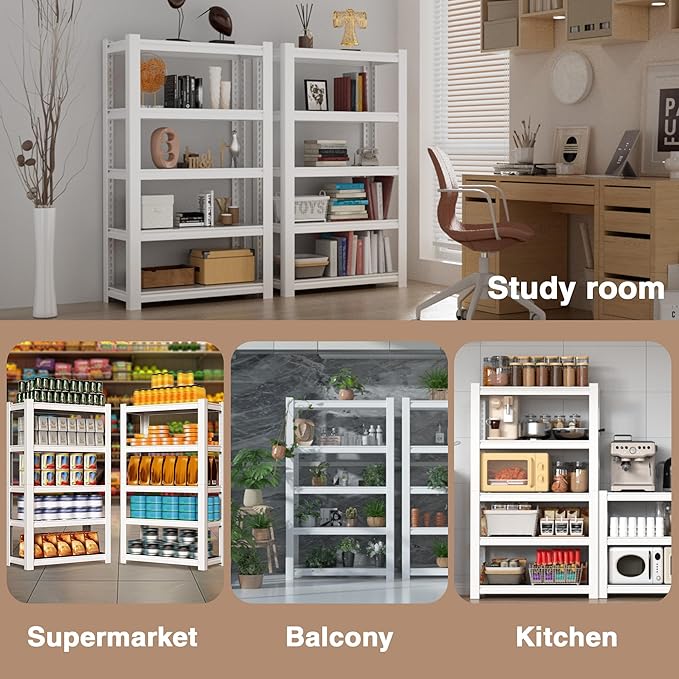 WORKPRO House 5-Tier Shelving Unit, 3000lbs Adjustable Storage Shelves, Boltless Book Shelf, Shelf Organizer for Kitchen, Living Room, Bathroom, Wood Grain Pattern, Waterproof Board, 24-1/10"W, White