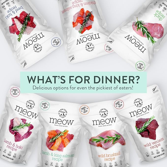 The New Zealand Natural Pet Food Co Meow Freeze Dried Cat Food - Lamb & Hoki Recipe, High Protein Treats, Meals & Toppers, Dry Cat Food,1.76 oz