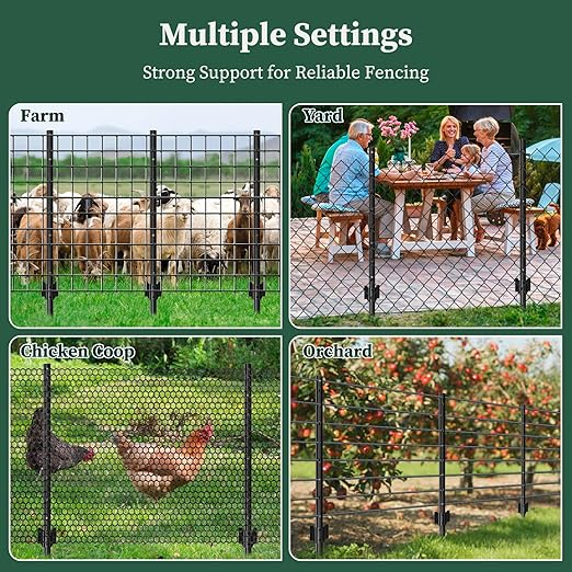 10 Pack Metal Fence Posts, 3ft Heavy Duty U-Post, Black Garden Stakes, No-Dig Post Anchors for Wire Fences, Temporary Fencing, Electric Fence, and Corner Support