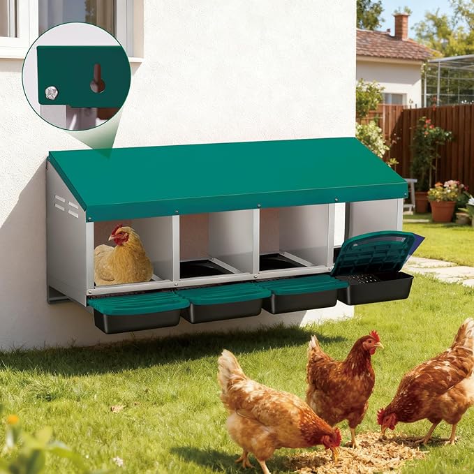 GarveeLife Chicken Nesting Box, 4 Compartments Laying Nest Boxes for Laying Eggs Chicken Brooder Box Nest Box with Perch 4 Hole Green