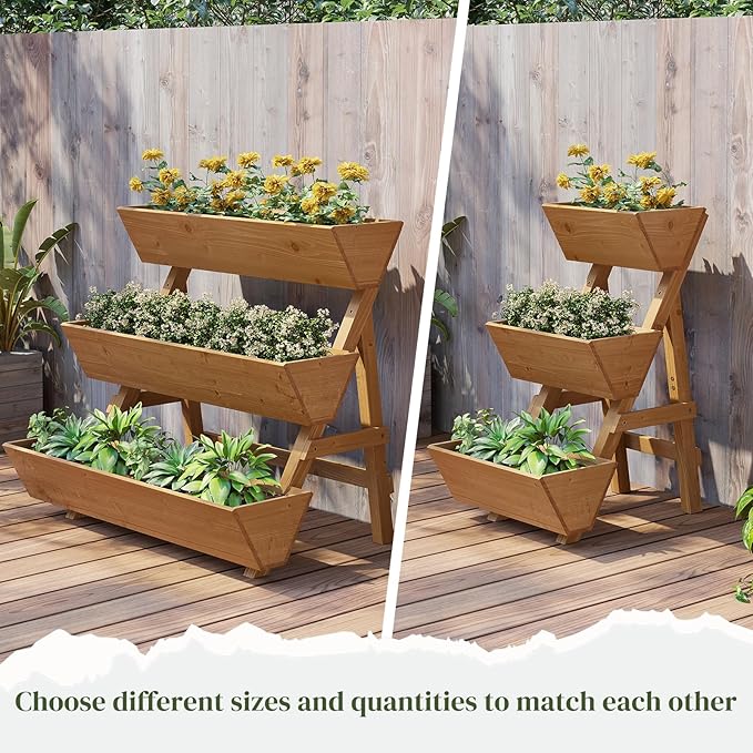 3-Tier Wooden Vertical Raised Garden Bed with Legs, Tiered Planter Box, Vertical Garden Planter,Wood Plant Stand Wood Flower Rack for Patio, Balcony, Freestanding. (Brown-Large)