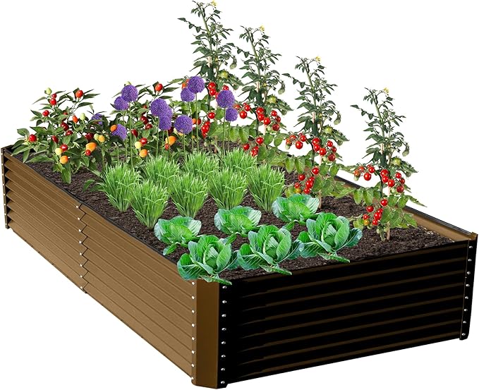 Domi 8x4x2ft Metal Raised Garden Beds Outdoor, Thickened Galvanized Steel Deep Root Planter Box with Stabilizing Bars & Rubber Edging for Vegetables, Flowers, Herbs - Brown
