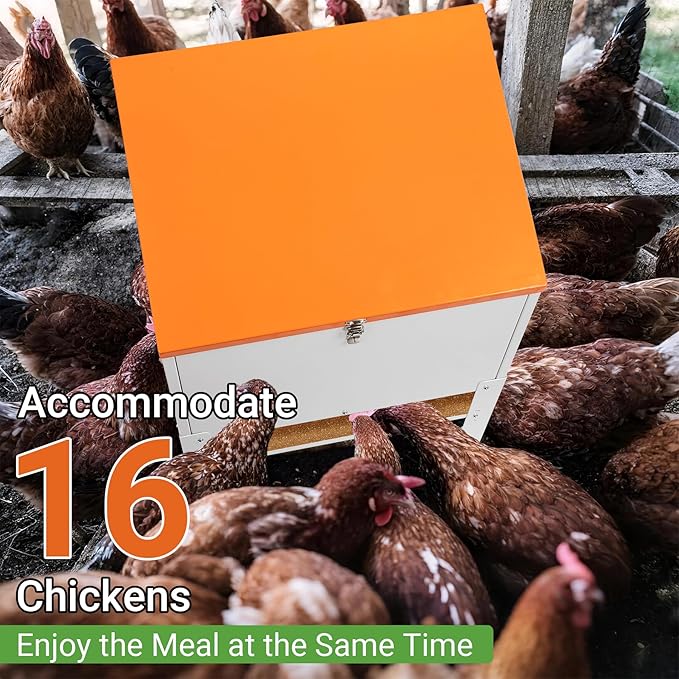 Chicken Feeder, 85LBS Capacity Metal Poultry Feeder (18” x 15.1” x 29.5”) for 16 Chickens, Powder-Coated Steel Feeder w/Waterproof Lid and Stainless Handles