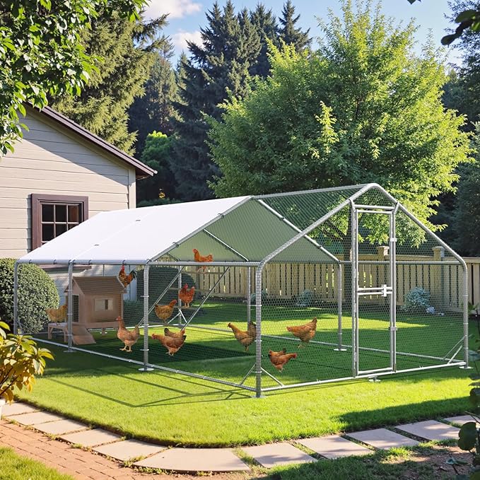 Large Chicken Coop,Metal Chicken Run for Yard with Feeding Door,Walk-in Chicken Pen for 20-30 Chickens,Outdoor Poultry Cage with Anti-UV Cover,Duck Rabbit House