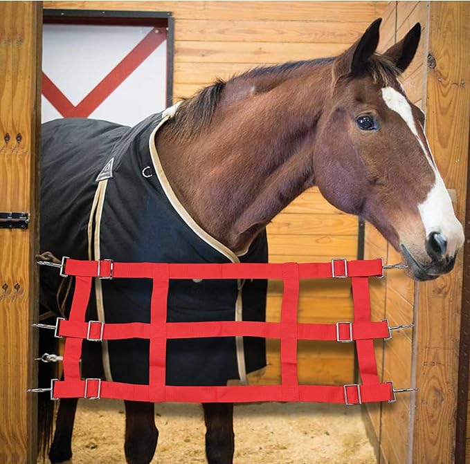 Jeffers Equine Adjustable Open Horse Stall Guard, Red – Heavy Duty Poly Web Stable Gate Barrier and Stall Door Accessories for Horses, Barns, Stables & Equestrian Use - 18”H x 36”-48”L