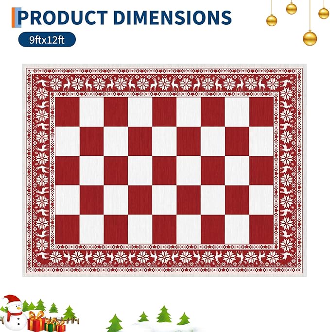 GarveeHome Red Area Rugs 9x12 Living Room, Washable Rug for Christmas Decor, Indoor Non Slip Carpet, Checkered Soft Low Pile Christmas Rug for Bedroom, Dining Room