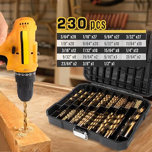 230 Pcs Titanium Twist Drill Bit Set for Metal and Wood,Coated HSS Conventional 118 Deg Tip Titanium Drill Bit Kit Set, Drill Bits Kit with Storage Case