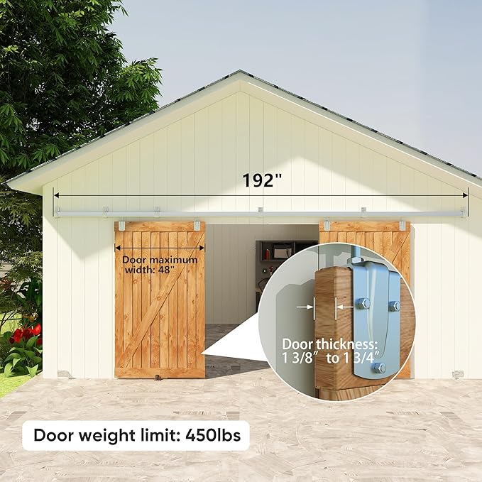 JUBEST 16FT Box Rail Exterior Barn Door Hardware Kit, Heavy Duty Sliding Door Track Kit Wall Mount Door Hardware Kit for Two Doors System(Doors Not Included), Silver