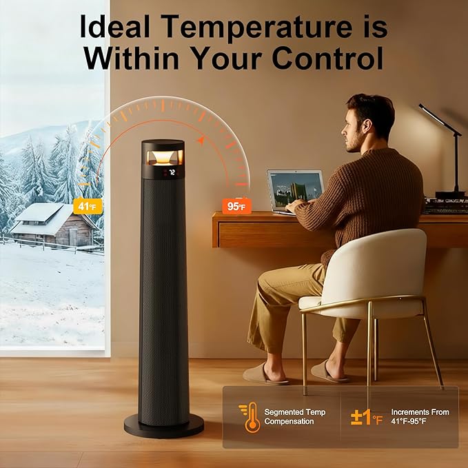 YEW Space Heater for Indoor Use, 34" Electric Heater with Remote and Thermostat, 3 Modes, Overheating & Tip-Over Protection, Portable Heater for Large Room, Bedroom, Office, Black