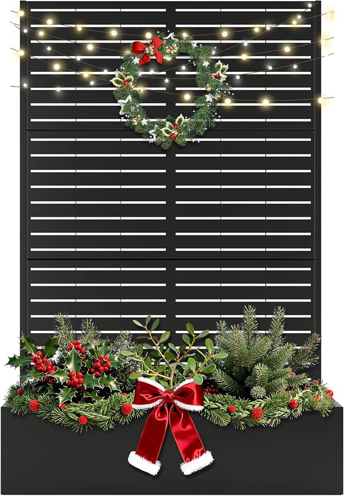 FENCY Metal Raised Garden Bed with Trellis, Metal Planter Box with Trellis, Garden Box for Climbing Plants Vegetable, 47" Lx16 Wx71 H Garden Bed with Drainage Holes(Black-Louvered)