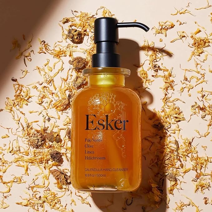 ESKER Calendula Hand Cleanser – Luxury Plant-Based Foaming Hand Wash | Calendula & Essential Oils in Reusable Glass Bottle – Plant-Based • Cruelty-Free • Sulfate-Free • 16.9 fl oz