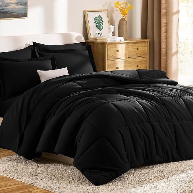 CozyLux California King Comforter Set Black - 7 Pieces California King Bed in a Bag Set, All Season Soft Bedding Sets with Comforter, Flat Sheet, Fitted Sheet, Pillowcases & Pillow Shams
