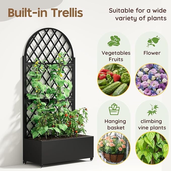 Metal Planter with Trellis& Wheels 72" x 35"x 15.7" Raised Garden Bed with Trellis,Privacy Planters for Patio,Garden Bed for Climbing Plants,Suitable for Climbing Plants and Vegetables,Black