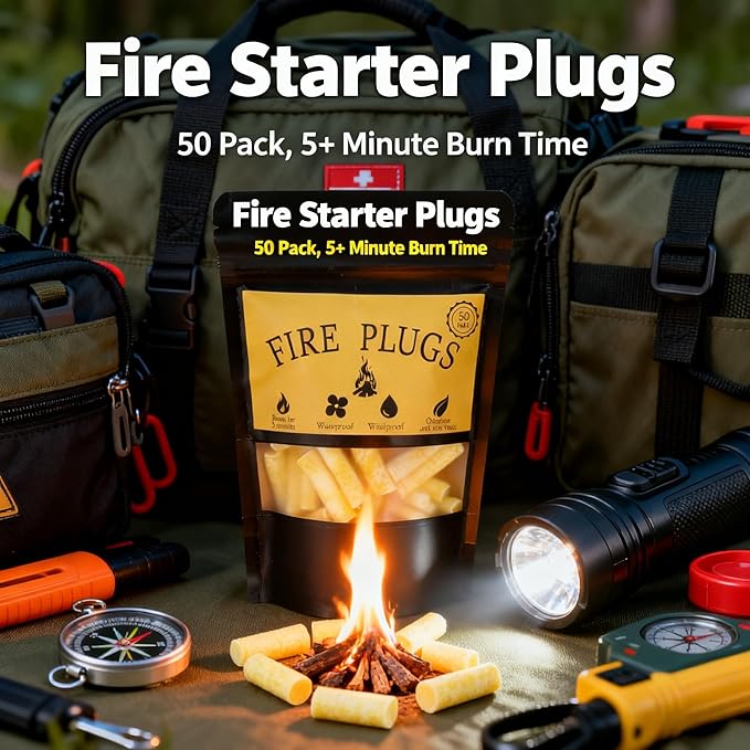 50 Pack-Fire Plugs, Weatherproof Fire Starters for Emergencies, Survival,Campfires,Charcoal Grill, Long Burn Time,Fire Pits-Non-Toxic