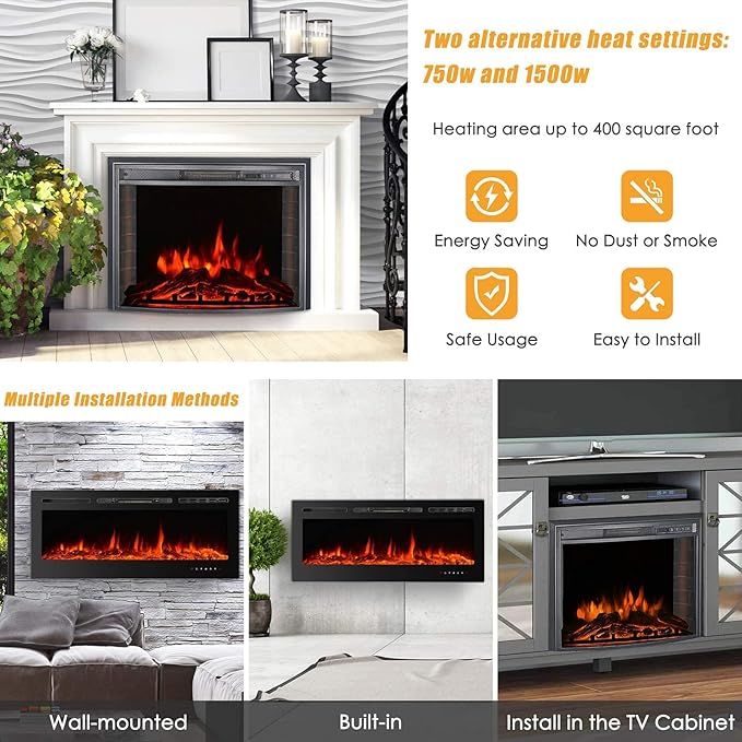 CharaVector 60 inch 750W/1500W Electric Fireplace Inserts with Remote Control in Wall Mounted, Energy Saving LED Insert Fireplace Heater Indoor Glass View with Remote Control & Touch Screen, Black