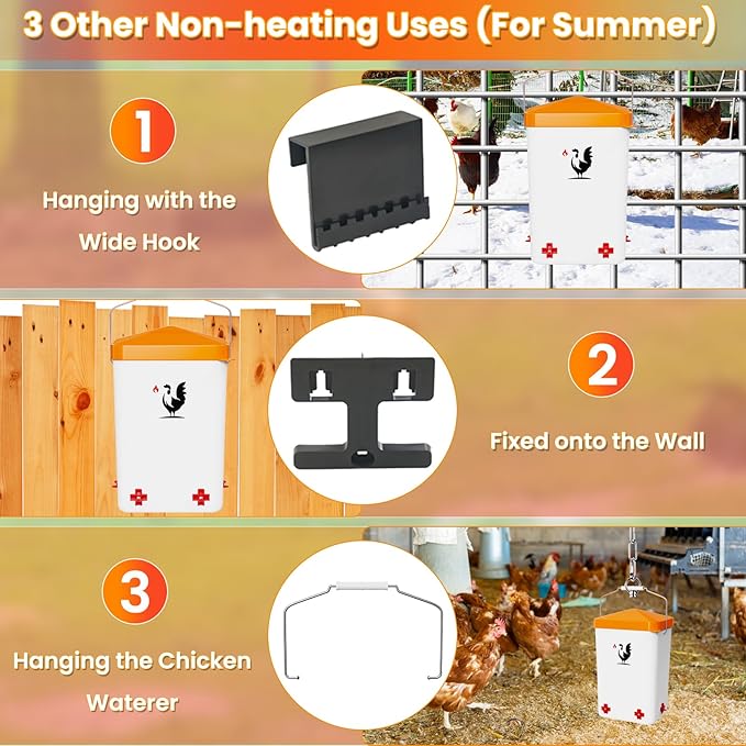 Heated Chicken Waterer for Winter, Poultry Water Heater with 4 Horizontal Nipples, Thermostatically Controlled, Adjustable Heights, Anti-Freezing Watering System for Coop (Orange, 12L)