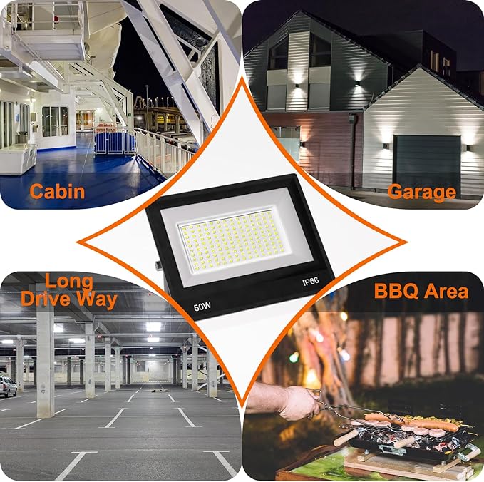 XXBSAZ 2 Pack 50W LED Flood Lights Outdoor, 8,500LM Plug-in Hardwire Work Light IP66 Waterproof - 6500K Daylight Bright for Yard, Garage, Stadium