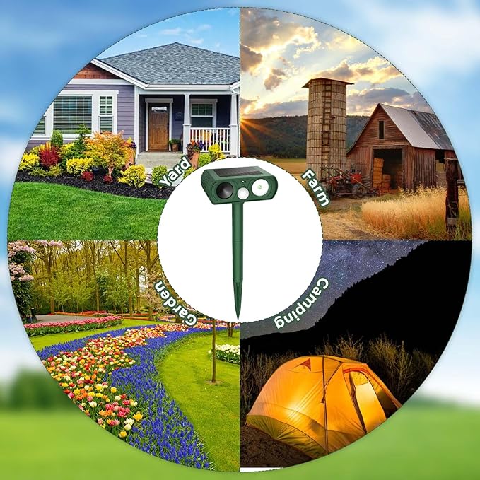 Upgraded Solar Ultrasonic Animal Repellent Outdoor, Deer Repellent Devices Squirrel Cat Raccoon Rabbit Dog Deterrent, Keep Rodent Chipmunk Away Motion Detection with Flash Light for Yard Garden Lawn