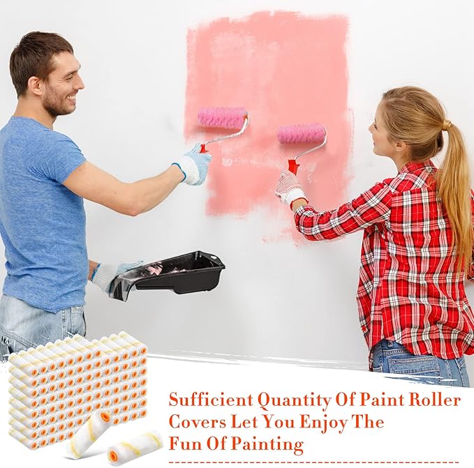 Nuogo 150 Pcs 4 Inch Mini Paint Roller Cover 1/2" Nap Small Microfiber Roller Covers Home Repair Tools House Household Supplies Kit(Yellow)