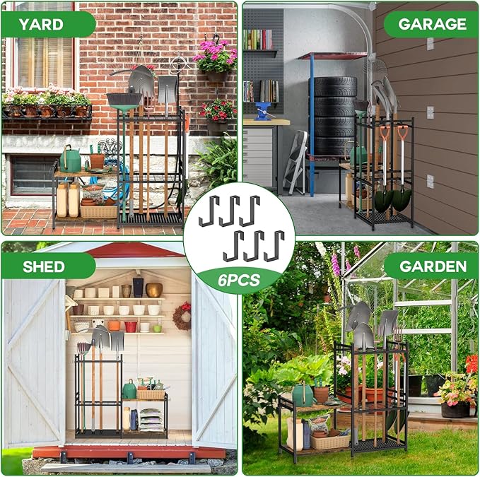 Garage Tool Organizer with 2-tier Wooden Shelves, Yard Tool Organizer for Garage with 6 Hooks, Heavy duty Steel Garden Tool Rack Holds up to 35 Long Handled Yard tools for Storage, Black