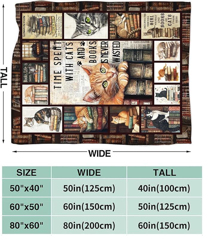Dynova Cat Blanket Cozy Plush Book Throw Blankets Cozy Plush Cats Books Lovers Gifts Fuzzy Flannel Fleece for Women Men Girls Boys 50"X40"