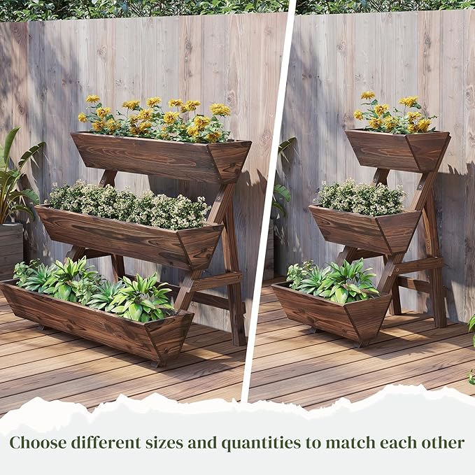 3-Tier Wooden Vertical Raised Garden Bed with Legs, Tiered Planter Box, Vertical Garden Planter,Wood Plant Stand Wood Flower Rack for Patio, Balcony, Freestanding. (Carbonized-Large)