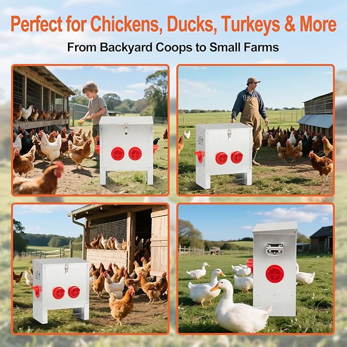 Automatic Chicken Feeder 25lbs, Galvanized Metal Chicken Food Dispenser, Rainproof & Rodent Proof No Waste Poultry Feeder for Backyard Coop, Farm, Ducks & Hens (4 Ports)