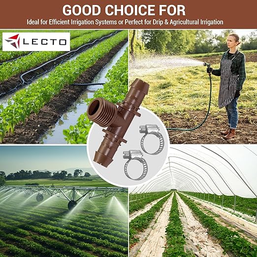 LECTO 1/2" MPT Drip Irrigation Tee Adapter – Fits 1/2" & 5/8" Drip Tubing, Barbed Tee Connector with Stainless Steel Clamps, UV-Resistant (3 Pack)