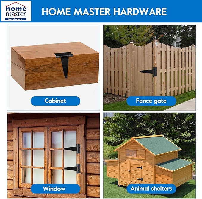 HOME MASTER HARDWARE 6 Inch T-Strap Heavy Duty Shed Door Hinges, Black Stainless Steel Heavy Duty Gate Hinges Tee Hinge for Wooden Fences,Yard Door, Barn Door Gates, Rustproof Wrought with Screws, 4 P