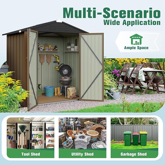 Flamaker 6x4 FT Storage Shed Waterproof Metal Garden Shed with Lockable Door Utility Tool Shed Outdoor Storage for Backyard, Patio and Lawn, Brown