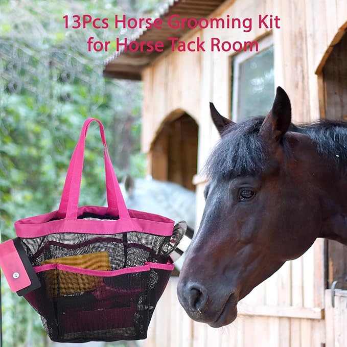 Horse Grooming Kit 13 Piece, Horse Brushes for Grooming Supplies with Tote Bag, Horses Tack Brush Set for Effective Grooming and Cleaning, Gift for Horse Riders Beginners (Pink)