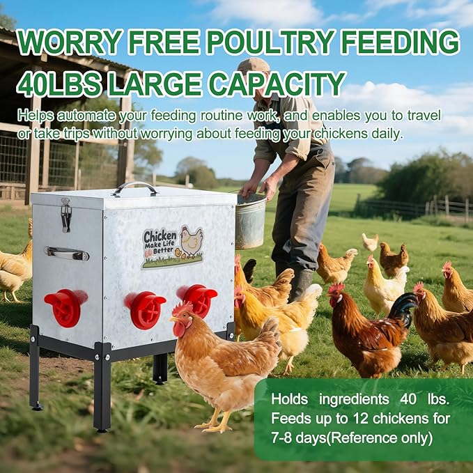40 LB Automatic Chicken Feeder with 6 Feeding Ports, No-Waste Poultry Feeder with Locking Lid and Adjustable Legs for Inside Chicken Coops Metal Automatic Poultry Feeders (Sliver, 40LB with 6 Ports)
