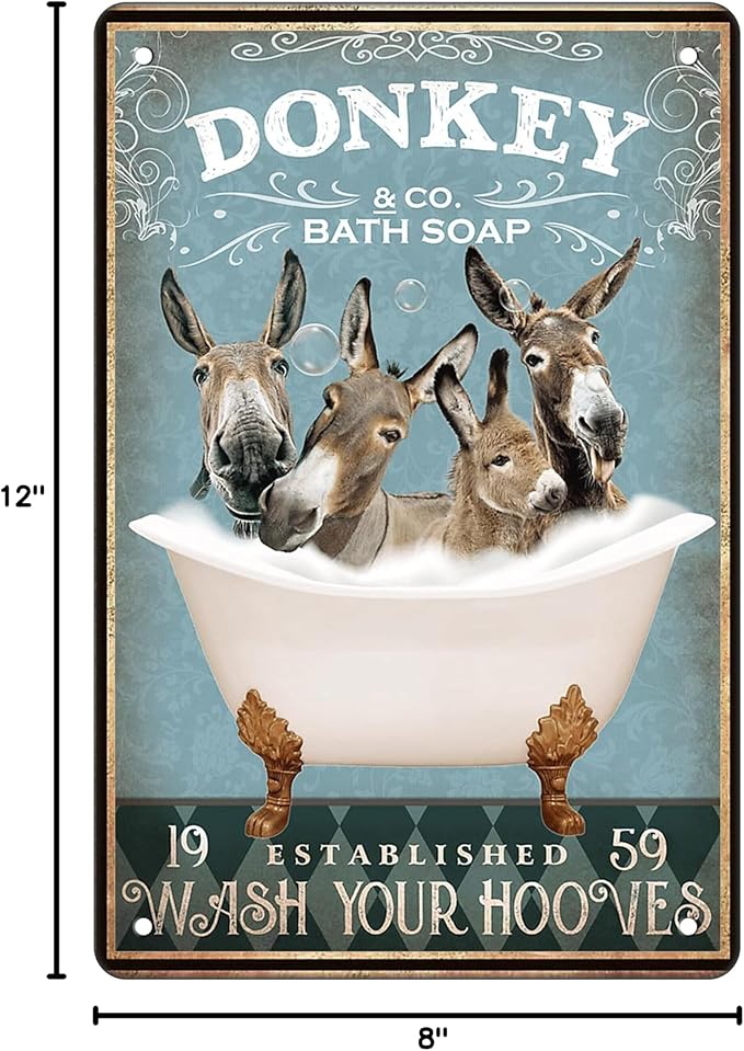 Funny Donkey Bathtub Decor - Donkey Lovers Accessory, Farm Decor Sign, Retro Metal Wall Art, 8x12 Inch