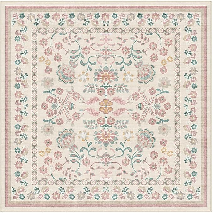 Square Area Rugs : Washable 4x4 Floral Carpet for Living Room Bedroom - Soft Floor Mat with Non Slip Backing for Kitchen Nursery Dorms Farmhouse Home Decor - Pink