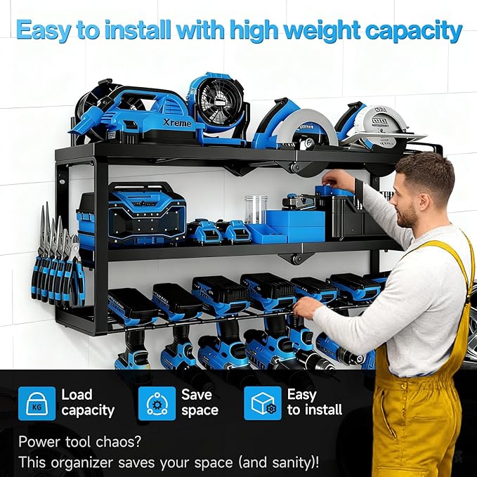 Heavy Duty Power Tool Organizer Wall Mount - 3 Tier Metal Tool Rack with 7 Drill Holders, 300LB Capacity for Garage, Workshop, Pegboard Storage