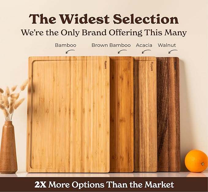 SMIRLY Bamboo Cutting Boards, Brown Bamboo Wood Cutting Board for Kitchen, Set of 2 Medium -Small & Deep Juice Groove, Butcher Block for Chopping Meat, Charcuterie Cheese Tray, Kitchen Gadgets
