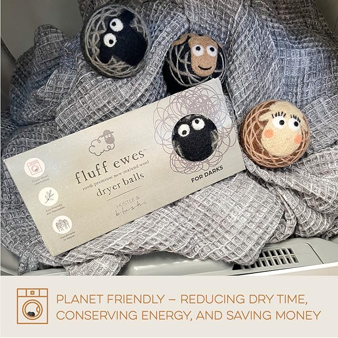 Hustle & Blush Fluff Ewes Wool Dryer Balls 3 Pack - XL Darks Premium New Zealand Laundry Set, Reduces Drying Time, Static Control, Chemical Free, Ideal Holiday Gifts for Women & Men