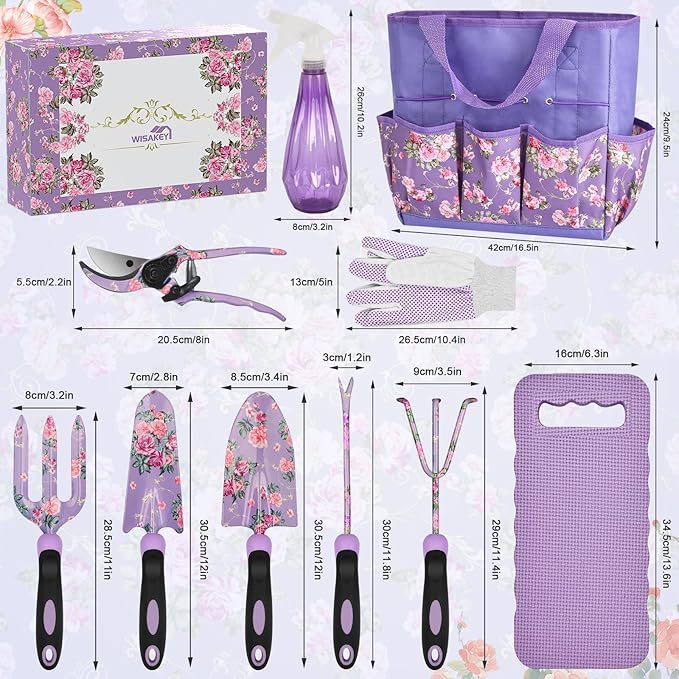 Gardening Tools, WisaKey 10 Piece Heavy Duty Purple Garden Tool Set Durable Garden Supplies Organizer Bag Garden Hand Tools Gardening for Women Grandmother Granny White Elephant Gifts