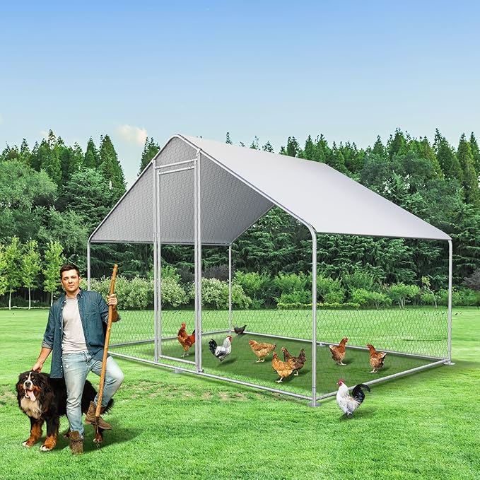 Chicken Coop Large Metal Chicken House/Pen for 6/10 Chickens with Waterproof Cover Walk-in Poultry Cage for Chicken Run,Chicken House for Outdoor Farm Use(9.8'Lx6.5'Wx6.5'H)