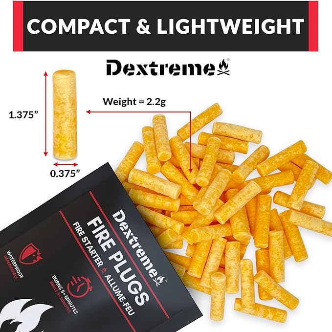 Dextreme Fire Plugs Waterproof Fire Starter for Campfires, Emergencies, Survival, Fire Pits, Grills | 5+ Minute Burn | All Natural | Made in North America